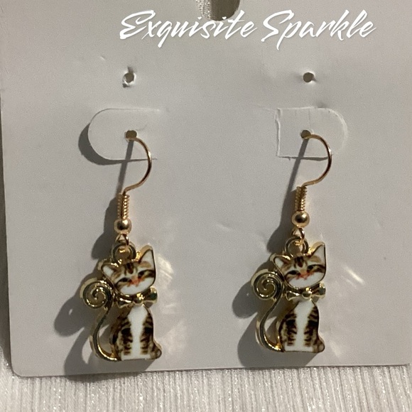 😸Adorable GoldTone Acrylic Tabby Cat Hook Drop Dangle Earrings - Picture 11 of 14